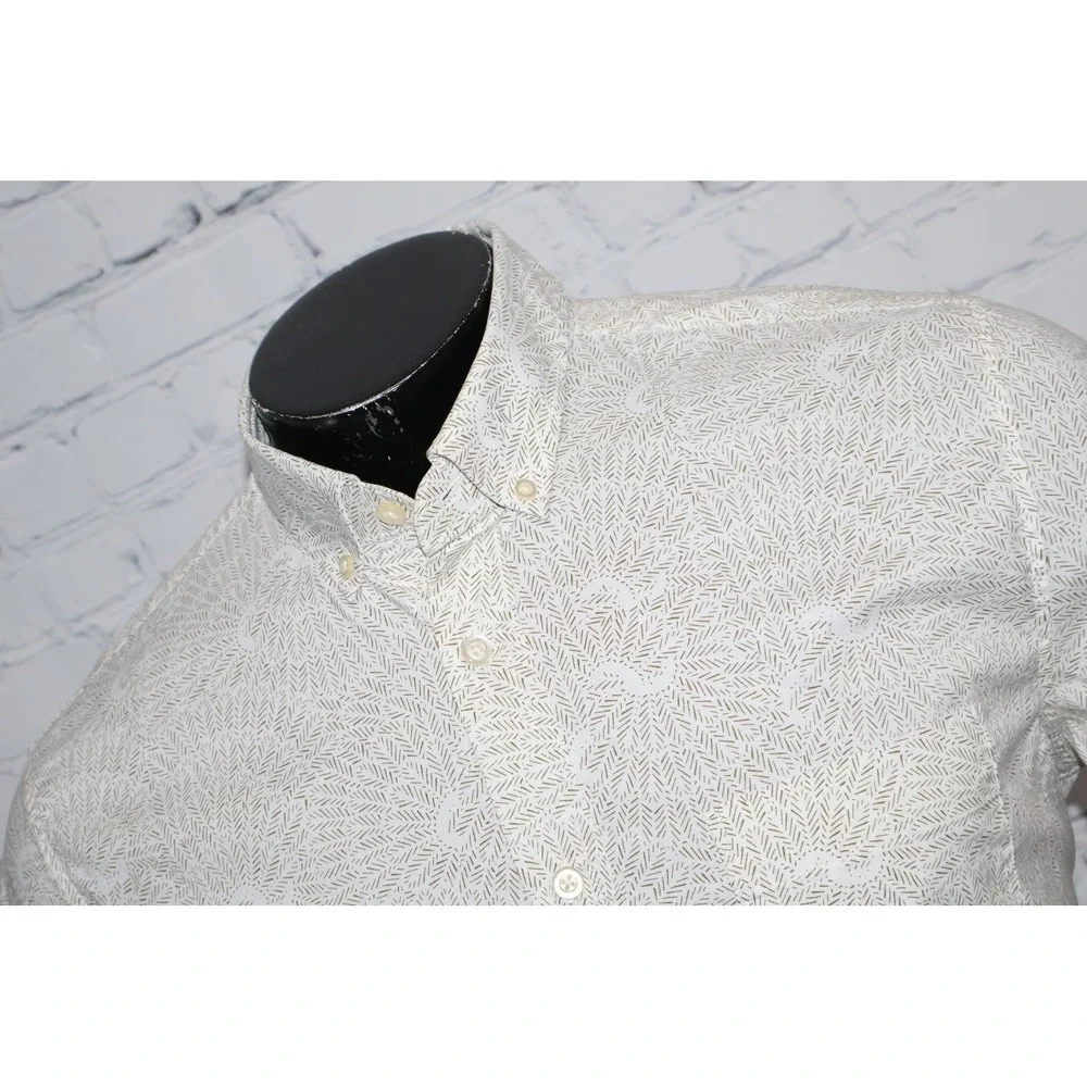 Banana Republic Dress Shirt Mens Large White Tan Geometric Floral Slim Flex Fit